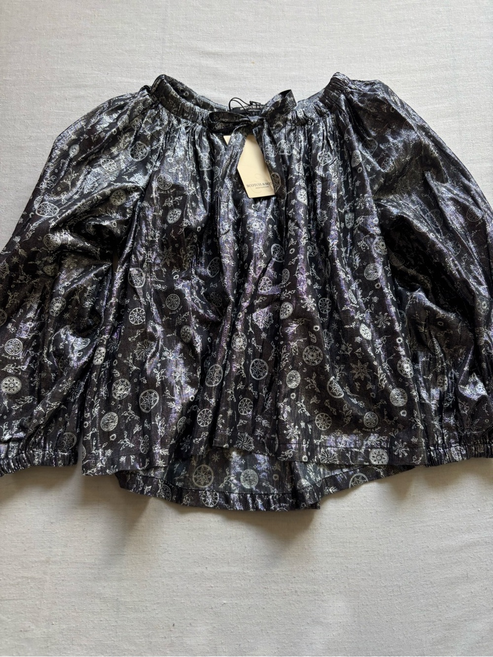 NWT Scotch & Soda Metallic Geometric V Neck Long Sleeve Relaxed Blouse Black XL